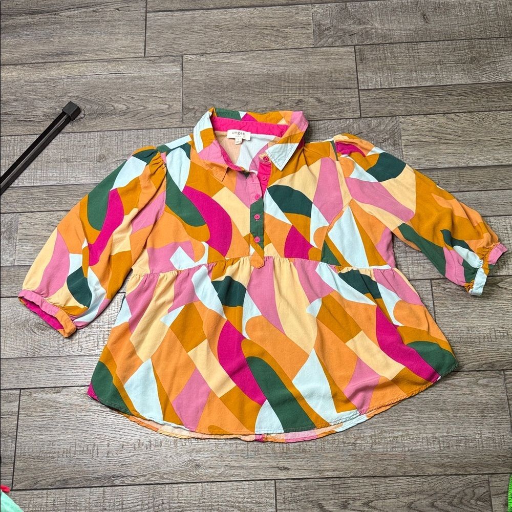 Umgee Multicolor Abstract Button Down Blouse Top Tunic Orange Pink Green Large - Picture 2 of 9